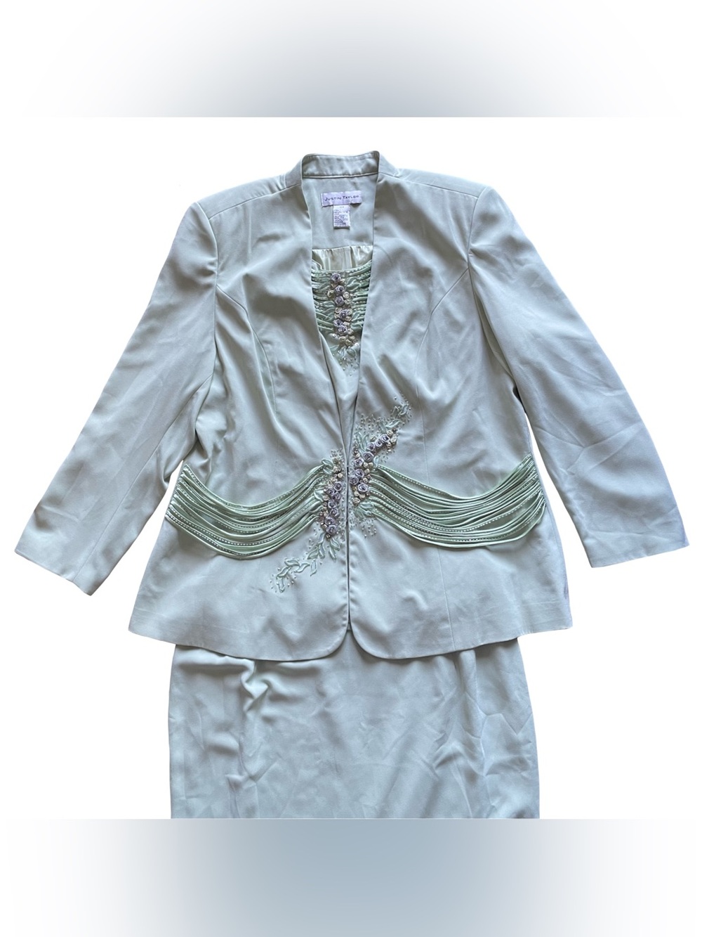 VTG Justin Taylor Blazer+Skirt Embellished 18W Sage Mint Green Floral Wedding